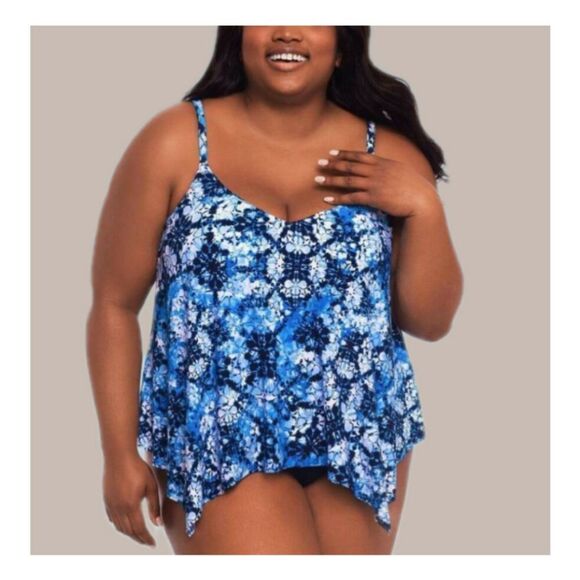 Plus size! Slimming Handkerchief IKAT Print Tankini Swim Top Blue And White - Picture 2 of 7